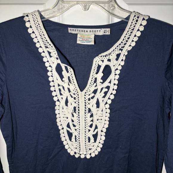 Gretchen Scott Navy Tunic Dress XS Embroidered Lace Trim Cotton Boho Cover Up - Picture 2 of 6